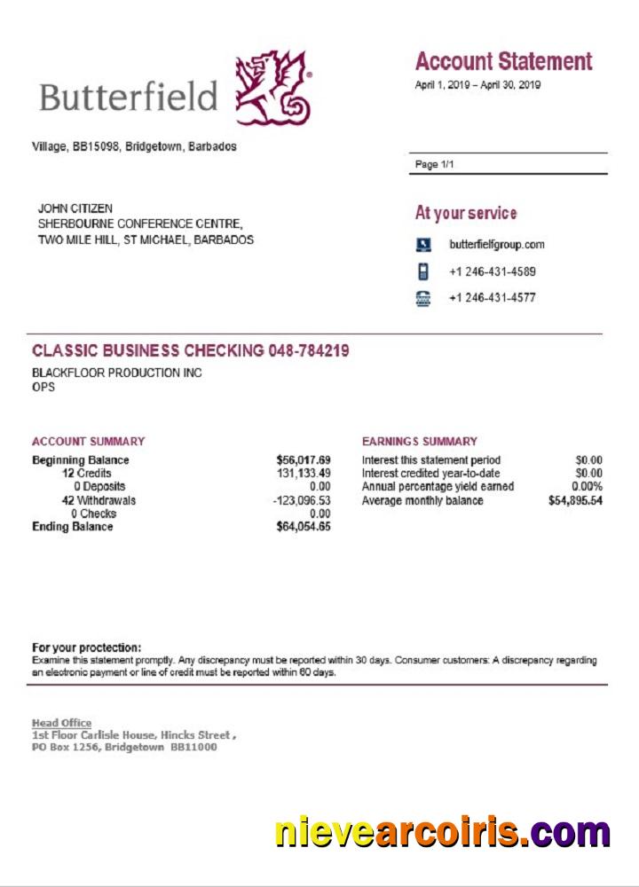 Barbados Butterfield bank statement